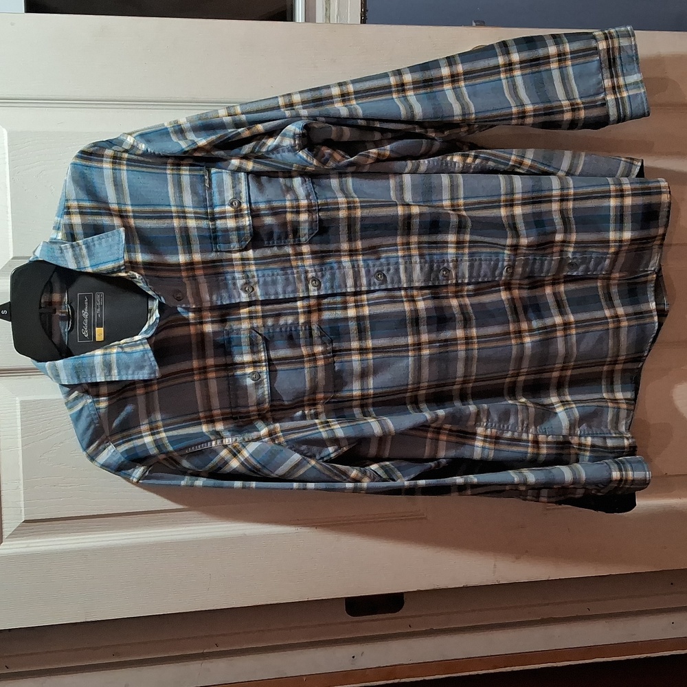 Eddie Bauer men's size TXL classic fit button blue and yellow plaid shirt